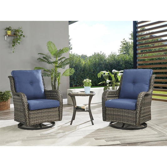 Gymojoy Ensemble de 3 pièces en rotin pour extérieur, chaise basculante pivotante avec coussin et table.