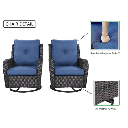 Gymojoy Ensemble de 3 pièces en rotin pour extérieur, chaise basculante pivotante avec coussin et table.