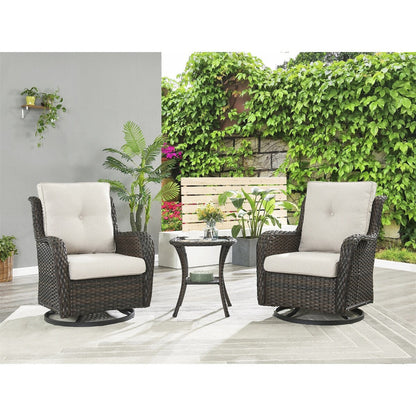 Gymojoy Ensemble de 3 pièces en rotin pour extérieur, chaise basculante pivotante avec coussin et table.