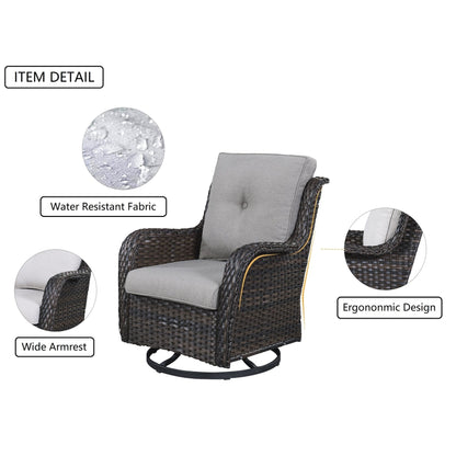 Gymojoy Ensemble de 3 pièces en rotin pour extérieur, chaise basculante pivotante avec coussin et table.