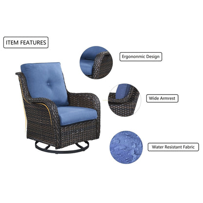 Gymojoy Ensemble de 3 pièces en rotin pour extérieur, chaise basculante pivotante avec coussin et table.