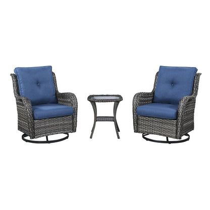 Gymojoy Ensemble de 3 pièces en rotin pour extérieur, chaise basculante pivotante avec coussin et table.