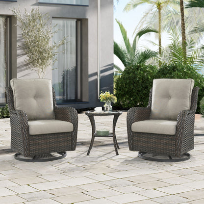 Gymojoy Ensemble de 3 pièces en rotin pour extérieur, chaise basculante pivotante avec coussin et table.