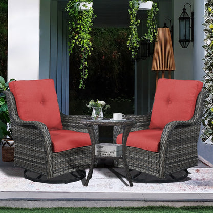 Gymojoy Ensemble de 3 pièces en rotin pour extérieur, chaise basculante pivotante avec coussin et table.