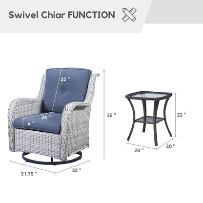 Gymojoy Ensemble de 3 pièces en rotin pour extérieur, chaise basculante pivotante avec coussin et table.
