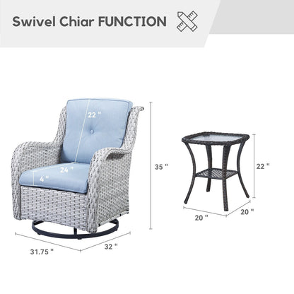 Gymojoy Ensemble de 3 pièces en rotin pour extérieur, chaise basculante pivotante avec coussin et table.
