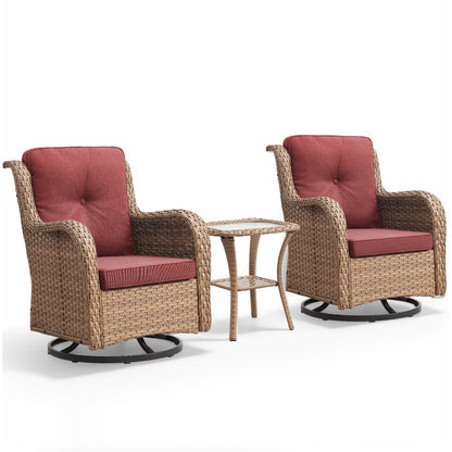 Gymojoy Ensemble de 3 pièces en rotin pour extérieur, chaise basculante pivotante avec coussin et table.