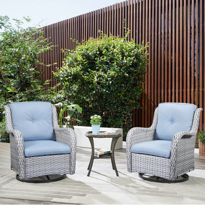 Gymojoy Ensemble de 3 pièces en rotin pour extérieur, chaise basculante pivotante avec coussin et table.