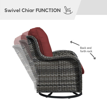 Gymojoy Ensemble de 3 pièces en rotin pour extérieur, chaise basculante pivotante avec coussin et table.