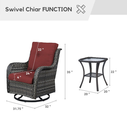 Gymojoy Ensemble de 3 pièces en rotin pour extérieur, chaise basculante pivotante avec coussin et table.