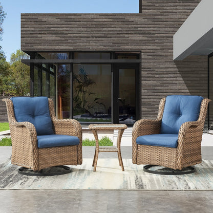 Gymojoy Ensemble de 3 pièces en rotin pour extérieur, chaise basculante pivotante avec coussin et table.