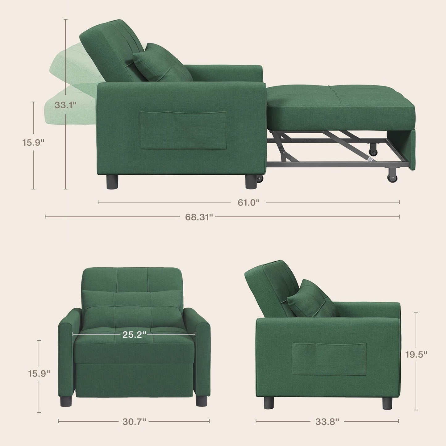 Canapé-lit convertible 3-en-1, canapé-lit escamotable, lit de salon pliable et transformable