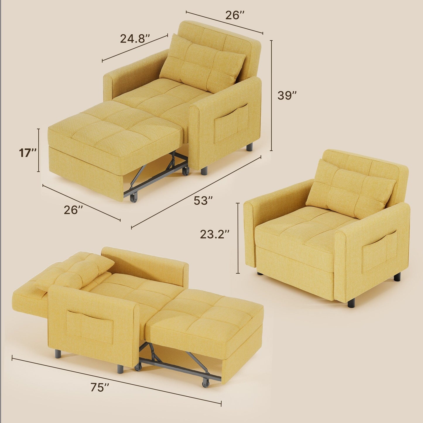 Canapé-lit convertible 3-en-1, canapé-lit escamotable, lit de salon pliable et transformable