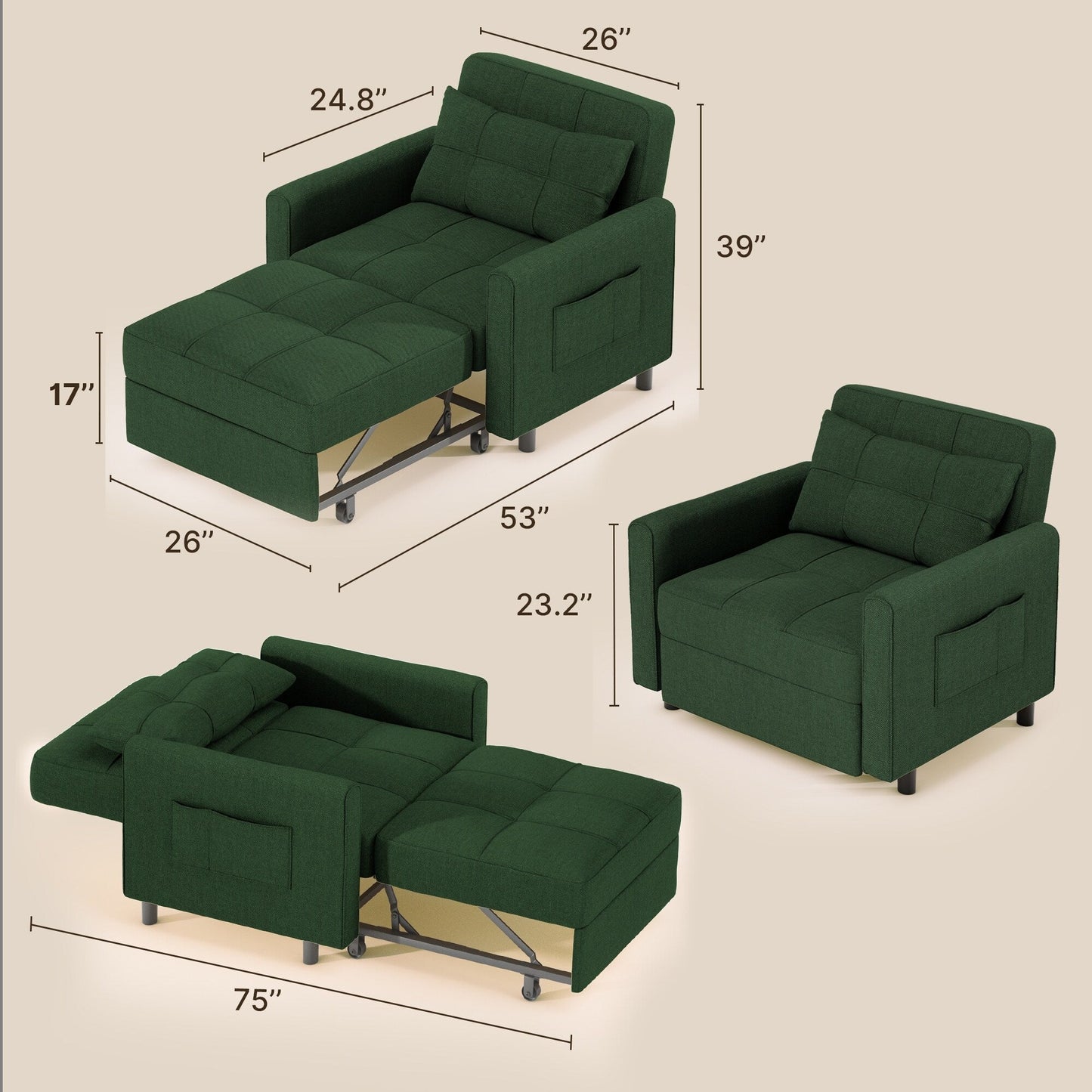 Canapé-lit convertible 3-en-1, canapé-lit escamotable, lit de salon pliable et transformable