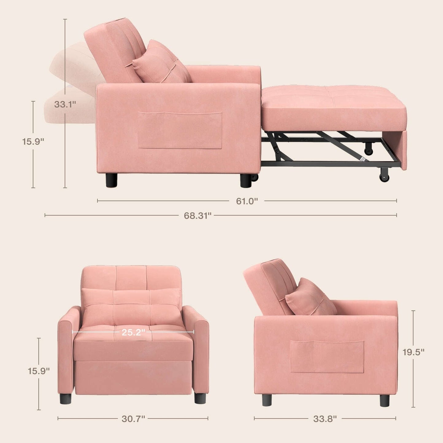 Canapé-lit convertible 3-en-1, canapé-lit escamotable, lit de salon pliable et transformable