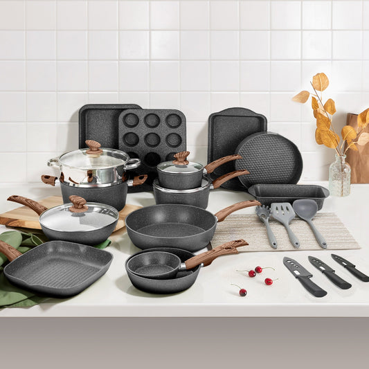 Ensemble de 30 pièces pour cuisine, comprenant des casseroles et poêles en granit, antiadhésives.