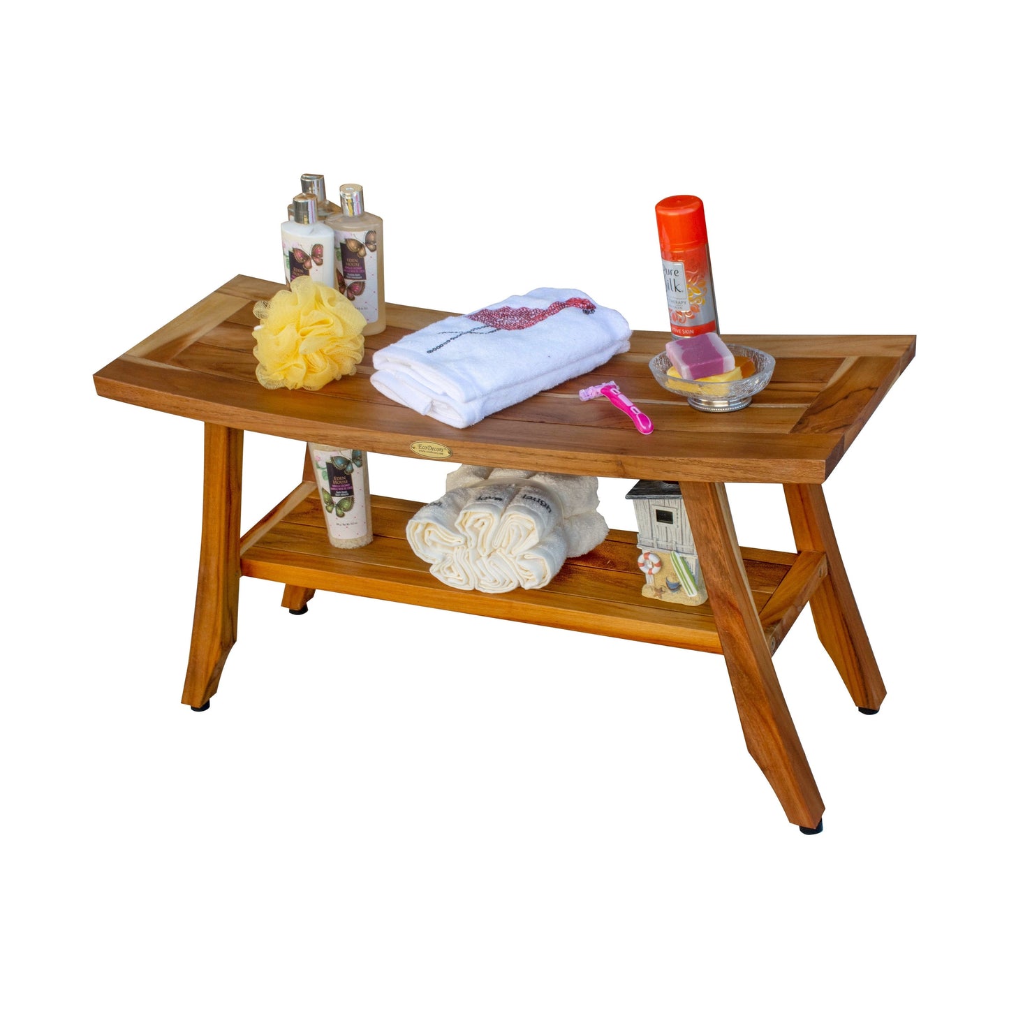 EcoDecors Satori, banc de douche en teck de 86 cm, banc en bois, banc de salle de bain, siège de douche pour adultes, tabouret de douche en teck