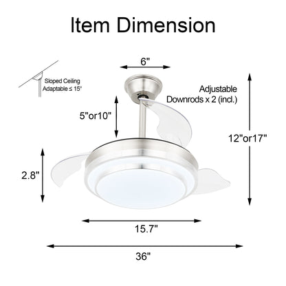 Ventilateur de plafond rétractable moderne Bella Depot 36 avec éclairage LED, lames réversibles à 6 vitesses avec télécommande