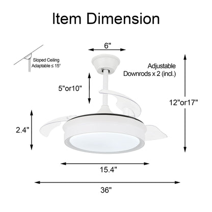 Ventilateur de plafond rétractable moderne Bella Depot 36 avec éclairage LED, lames réversibles à 6 vitesses avec télécommande
