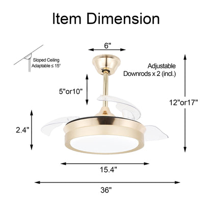 Ventilateur de plafond rétractable moderne Bella Depot 36 avec éclairage LED, lames réversibles à 6 vitesses avec télécommande
