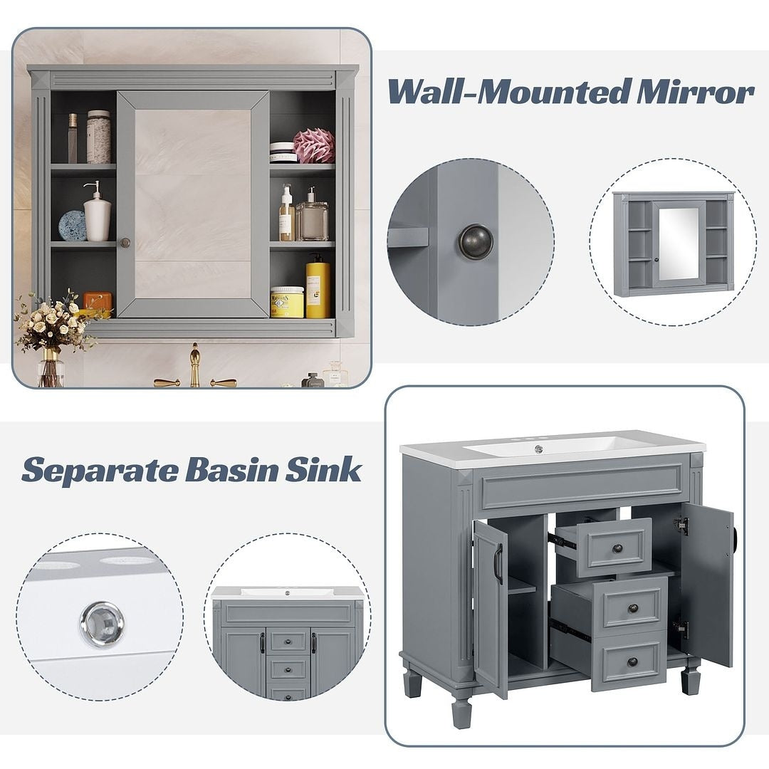 Meuble-lavabo moderne de 91 cm (36 pouces) pour salle de bain avec lavabo intégré et armoire à miroir, 2 portes et 2 tiroirs