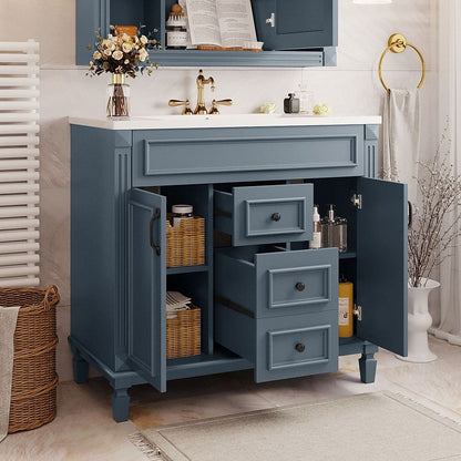 Meuble-lavabo moderne de 91 cm (36 pouces) pour salle de bain avec lavabo intégré et armoire à miroir, 2 portes et 2 tiroirs