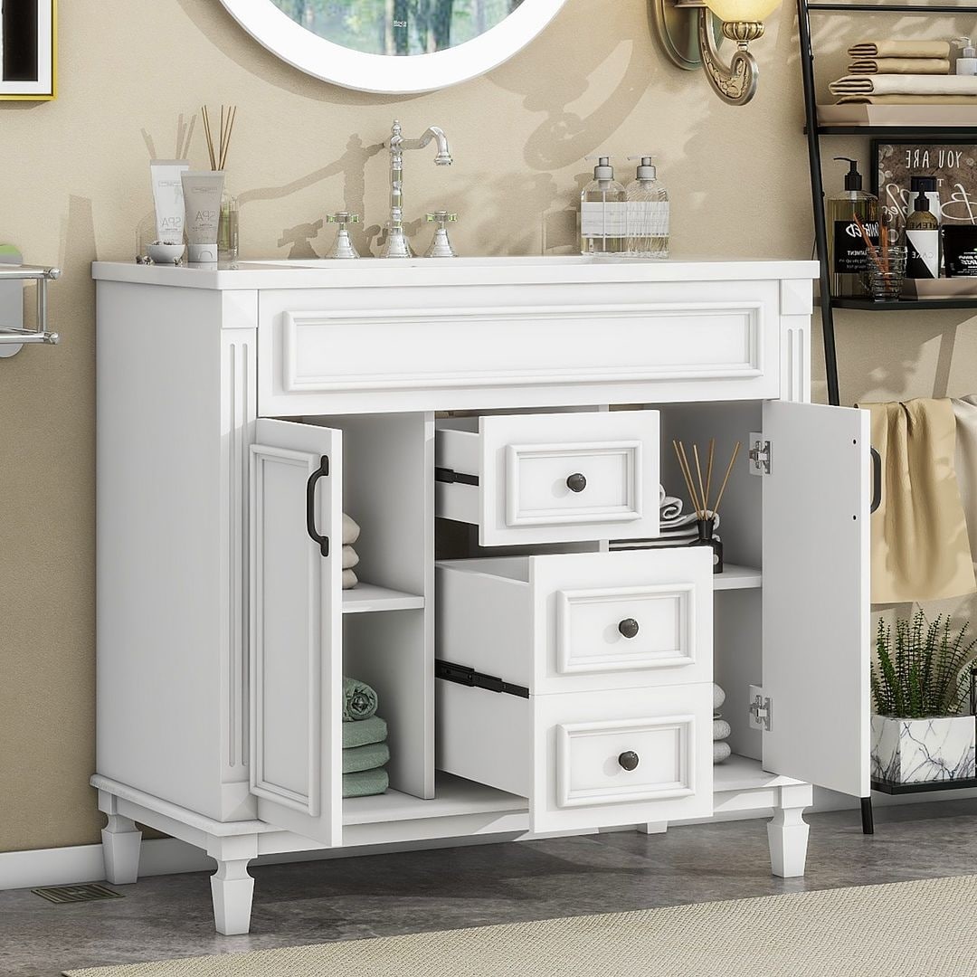 Meuble-lavabo moderne de 91 cm (36 pouces) pour salle de bain avec lavabo intégré et armoire à miroir, 2 portes et 2 tiroirs