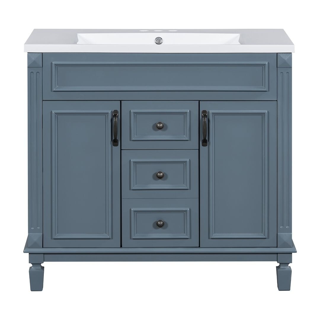Meuble-lavabo moderne de 91 cm (36 pouces) pour salle de bain avec lavabo intégré et armoire à miroir, 2 portes et 2 tiroirs