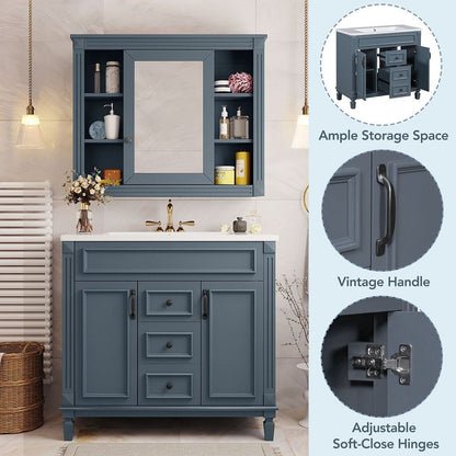 Meuble-lavabo moderne de 91 cm (36 pouces) pour salle de bain avec lavabo intégré et armoire à miroir, 2 portes et 2 tiroirs