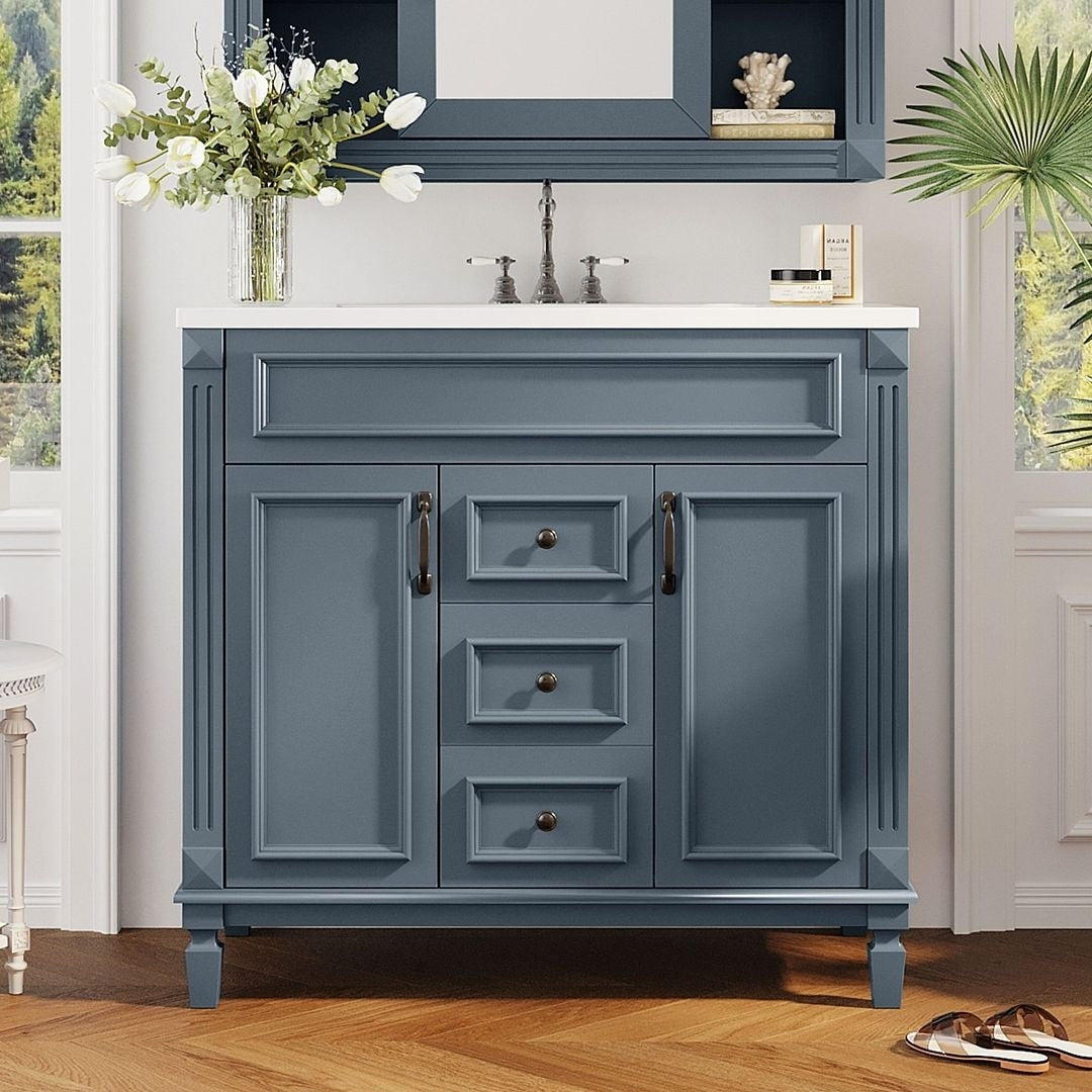 Meuble-lavabo moderne de 91 cm (36 pouces) pour salle de bain avec lavabo intégré et armoire à miroir, 2 portes et 2 tiroirs