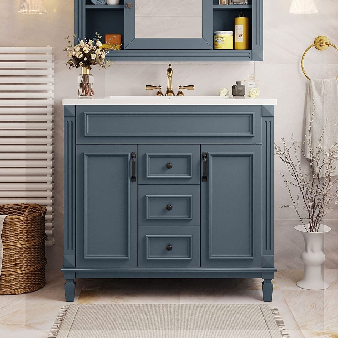 Meuble-lavabo moderne de 91 cm (36 pouces) pour salle de bain avec lavabo intégré et armoire à miroir, 2 portes et 2 tiroirs
