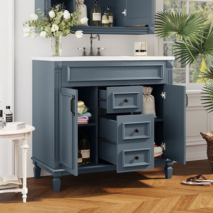 Meuble-lavabo moderne de 91 cm (36 pouces) pour salle de bain avec lavabo intégré et armoire à miroir, 2 portes et 2 tiroirs