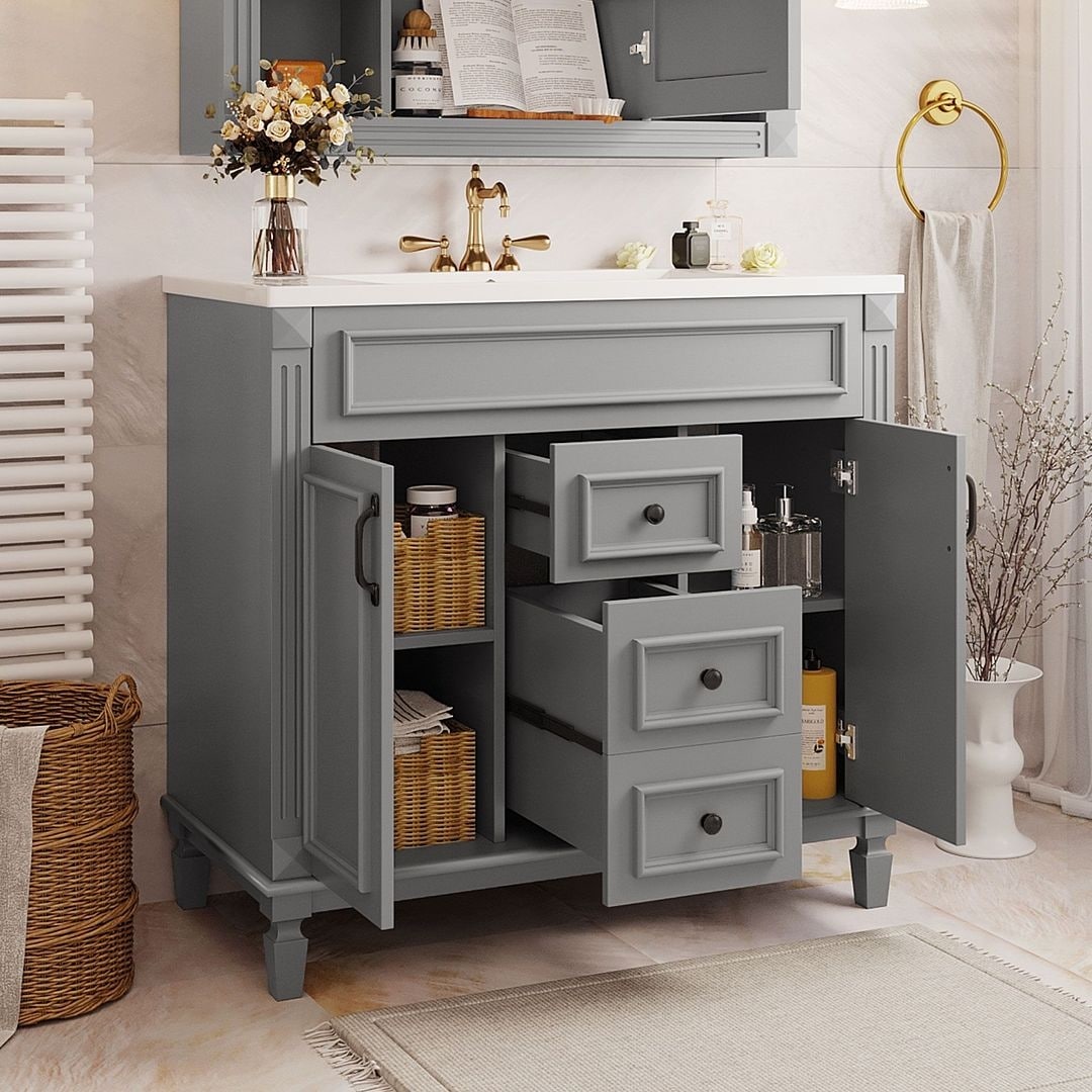 Meuble-lavabo moderne de 91 cm (36 pouces) pour salle de bain avec lavabo intégré et armoire à miroir, 2 portes et 2 tiroirs