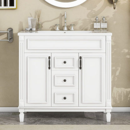 Meuble-lavabo moderne de 91 cm (36 pouces) pour salle de bain avec lavabo intégré et armoire à miroir, 2 portes et 2 tiroirs