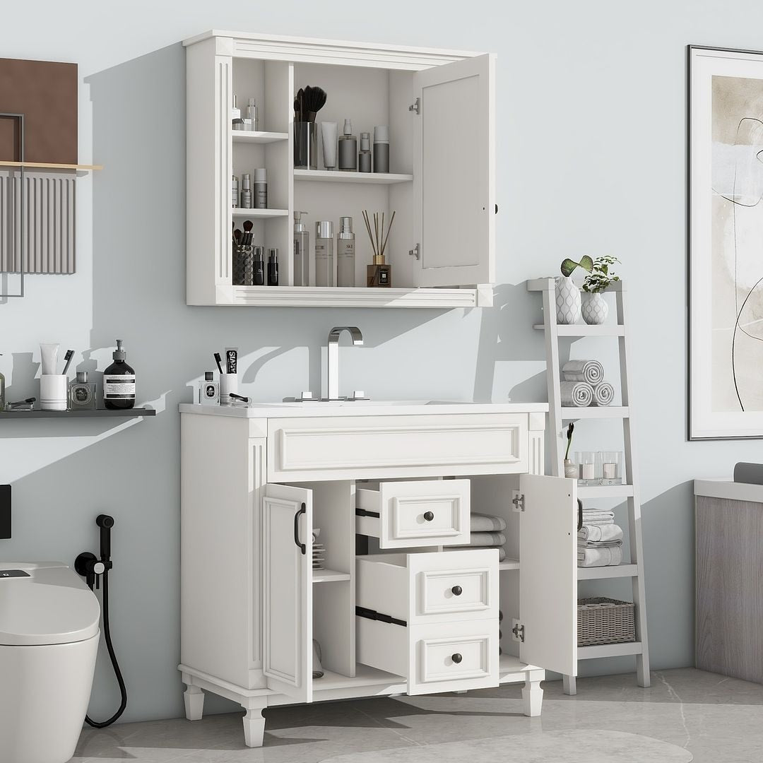 Meuble-lavabo moderne de 91 cm (36 pouces) pour salle de bain avec lavabo intégré et armoire à miroir, 2 portes et 2 tiroirs