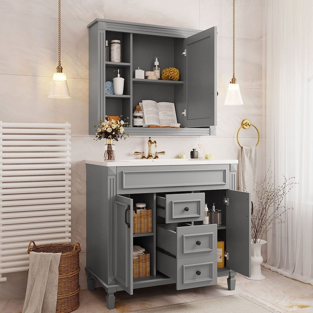 Meuble-lavabo moderne de 91 cm (36 pouces) pour salle de bain avec lavabo intégré et armoire à miroir, 2 portes et 2 tiroirs
