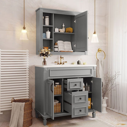 Meuble-lavabo moderne de 91 cm (36 pouces) pour salle de bain avec lavabo intégré et armoire à miroir, 2 portes et 2 tiroirs