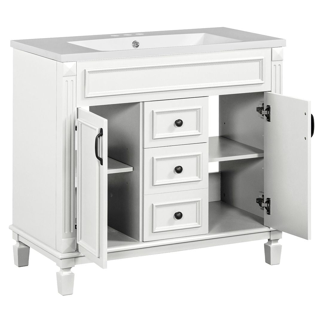 Meuble-lavabo moderne de 91 cm (36 pouces) pour salle de bain avec lavabo intégré et armoire à miroir, 2 portes et 2 tiroirs