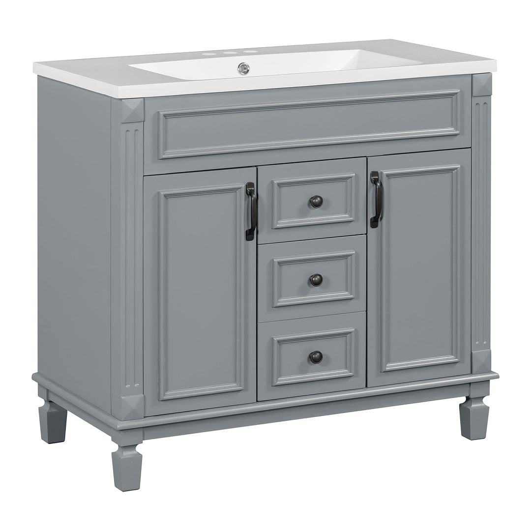 Meuble-lavabo moderne de 91 cm (36 pouces) pour salle de bain avec lavabo intégré et armoire à miroir, 2 portes et 2 tiroirs