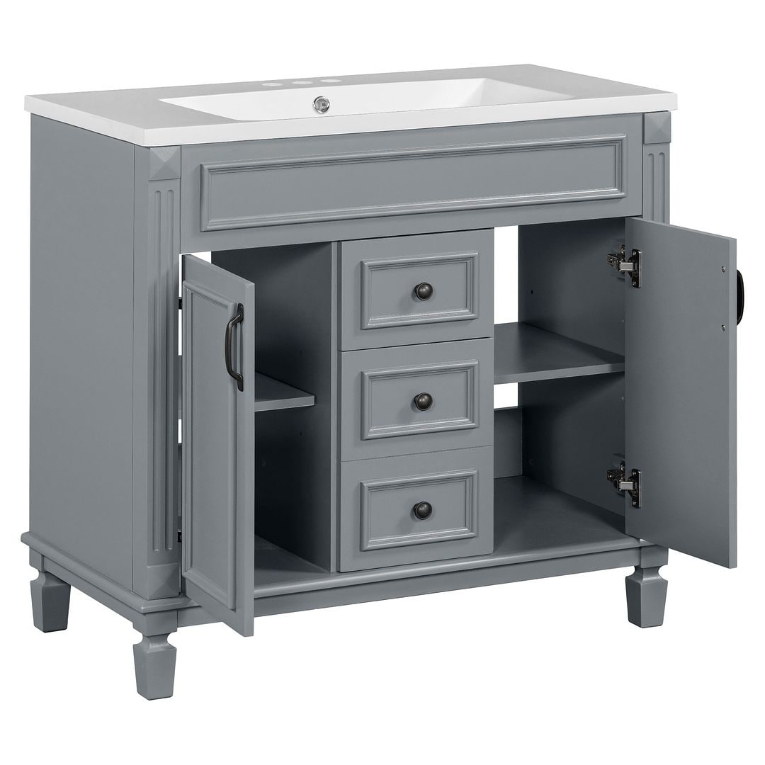 Meuble-lavabo moderne de 91 cm (36 pouces) pour salle de bain avec lavabo intégré et armoire à miroir, 2 portes et 2 tiroirs