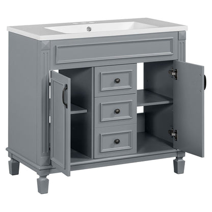Meuble-lavabo moderne de 91 cm (36 pouces) pour salle de bain avec lavabo intégré et armoire à miroir, 2 portes et 2 tiroirs