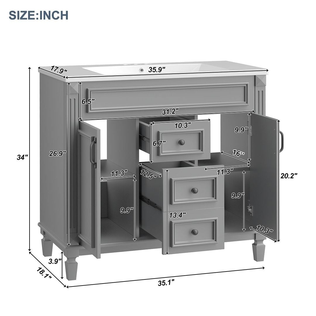 Meuble-lavabo moderne de 91 cm (36 pouces) pour salle de bain avec lavabo intégré et armoire à miroir, 2 portes et 2 tiroirs