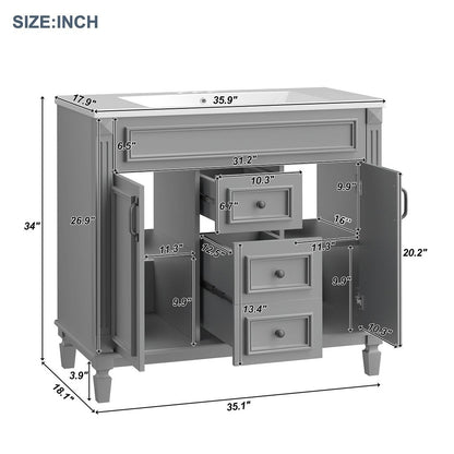 Meuble-lavabo moderne de 91 cm (36 pouces) pour salle de bain avec lavabo intégré et armoire à miroir, 2 portes et 2 tiroirs