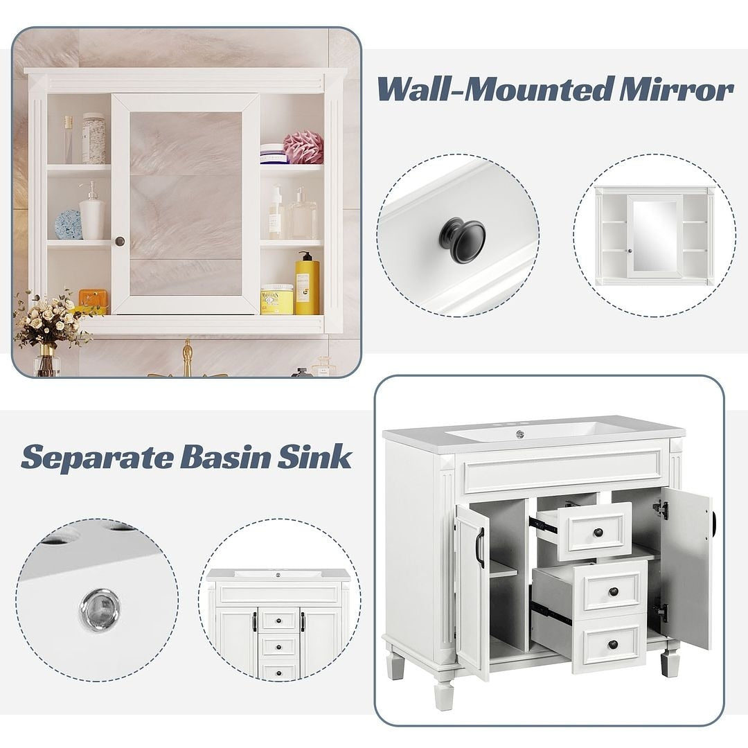 Meuble-lavabo moderne de 91 cm (36 pouces) pour salle de bain avec lavabo intégré et armoire à miroir, 2 portes et 2 tiroirs