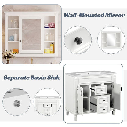 Meuble-lavabo moderne de 91 cm (36 pouces) pour salle de bain avec lavabo intégré et armoire à miroir, 2 portes et 2 tiroirs