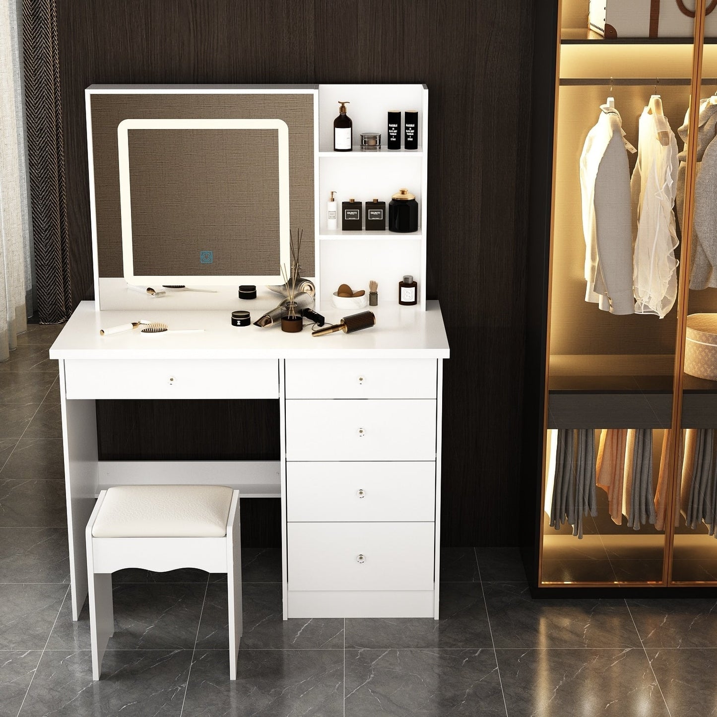 Ensemble coiffeuse et miroir avec tabouret, 99,5 cm de largeur