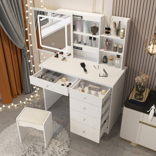 Ensemble de coiffeuse de maquillage de 99,5 cm de large avec tabouret et miroir