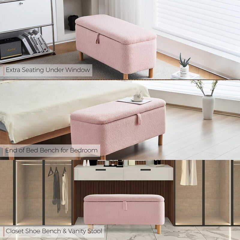 Tabouret de rangement en bouclé blanc cassé 39,5 pouces, pouf de rangement en sherpa, repose-pieds, pour salon, chambre à coucher, avec pieds en bois.