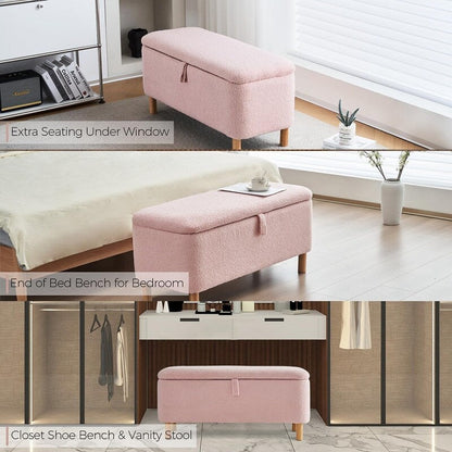 Tabouret de rangement en bouclé blanc cassé 39,5 pouces, pouf de rangement en sherpa, repose-pieds, pour salon, chambre à coucher, avec pieds en bois.