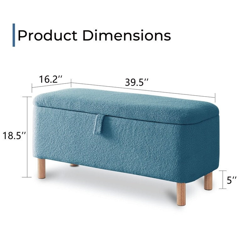 Tabouret de rangement en bouclé blanc cassé 39,5 pouces, pouf de rangement en sherpa, repose-pieds, pour salon, chambre à coucher, avec pieds en bois.
